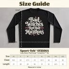 Size guide for a black long-sleeve tee with "Bad Witches Run Half Marathons" graphic.