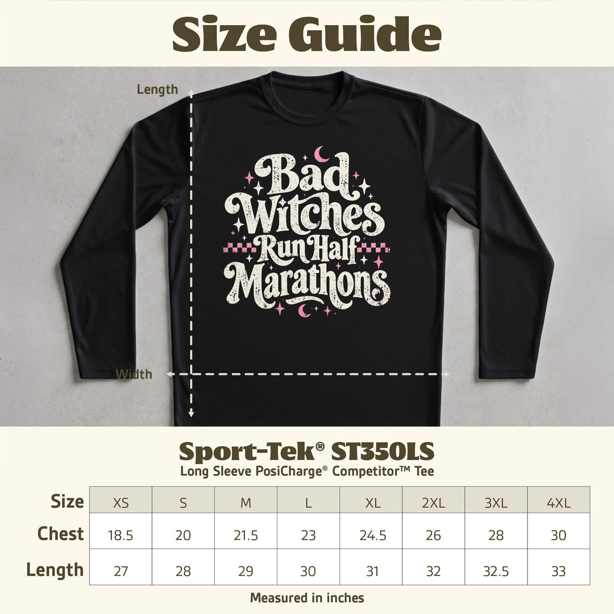 Size guide for a black long-sleeve tee with "Bad Witches Run Half Marathons" graphic.
