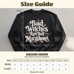 Black Gildan 18000 sweatshirt with "Bad Witches Run Half Marathons" graphic and size chart.