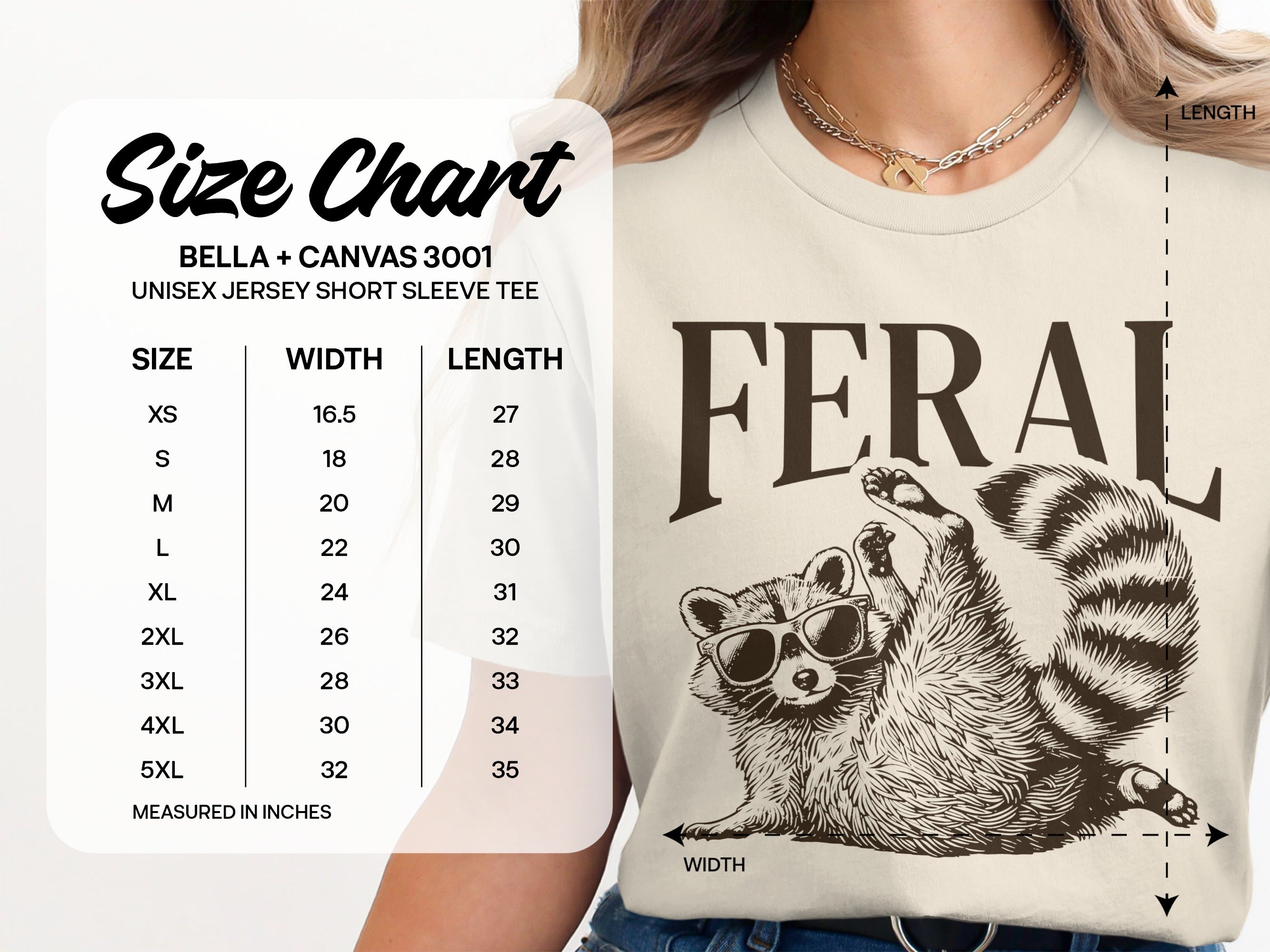 Unisex short sleeve tee size chart with graphic of raccoon wearing sunglasses.
