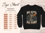 Black Gildan 18000 sweatshirt with "No Guts All Glory" zombie runner graphic.