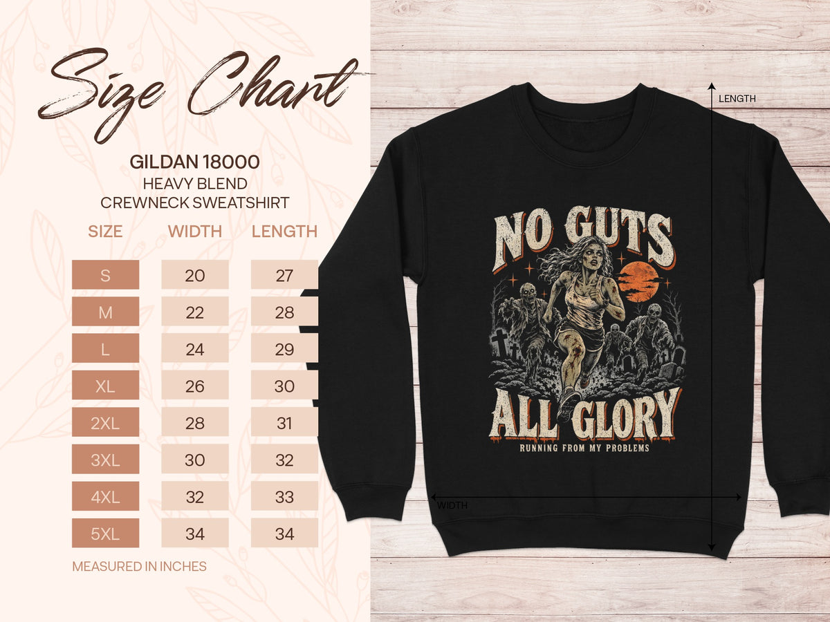 Black Gildan 18000 sweatshirt with "No Guts All Glory" zombie runner graphic.