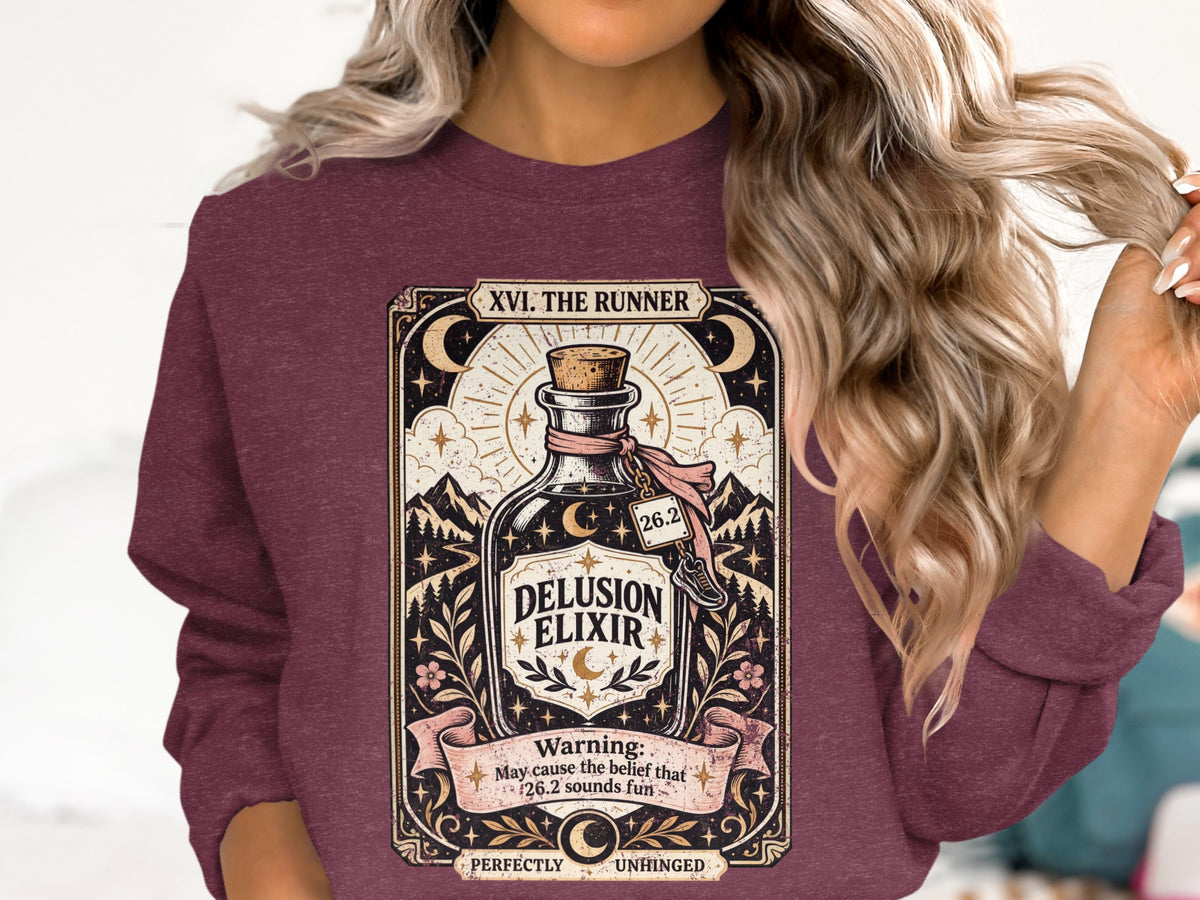"Delusion Elixir" sweatshirt with "XVI. The Runner" and marathon theme.