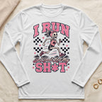 White long sleeve shirt with pink text and skeleton runner graphic.
