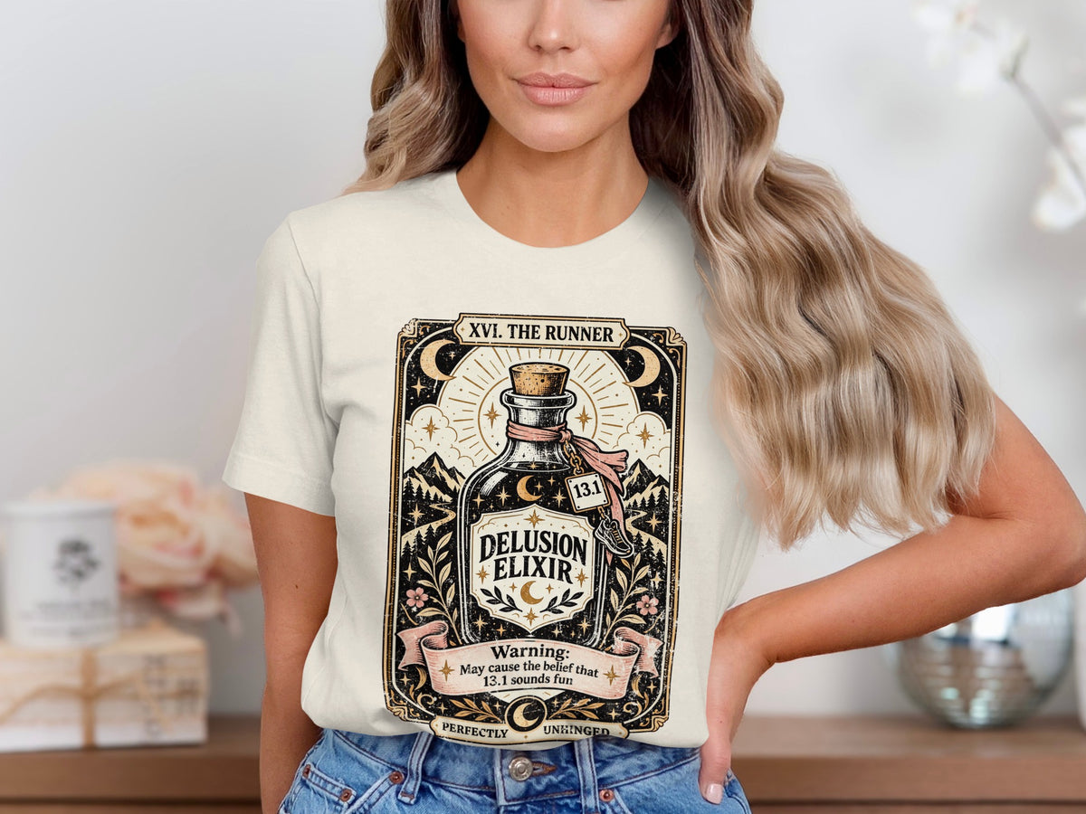 T-shirt graphic: Delusion Elixir bottle with text "XVI. The Runner" and warning.