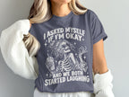 Skeleton graphic with text "I asked myself if I'm okay and we both started laughing".