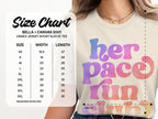 Size chart for Bella+Canvas 3001 unisex jersey short sleeve tee with "her pace run club" graphic.