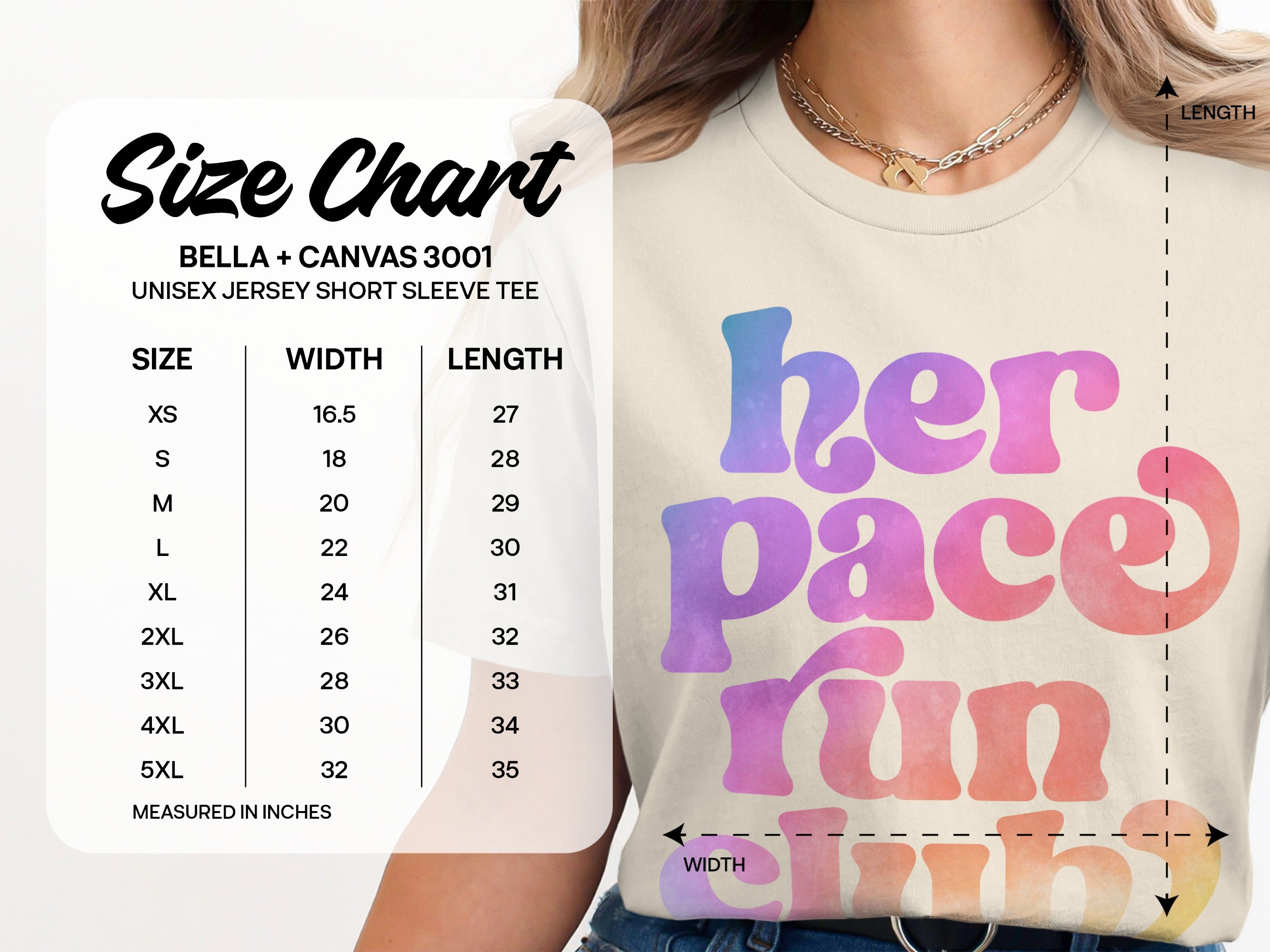 Size chart for Bella+Canvas 3001 unisex jersey short sleeve tee with "her pace run club" graphic.