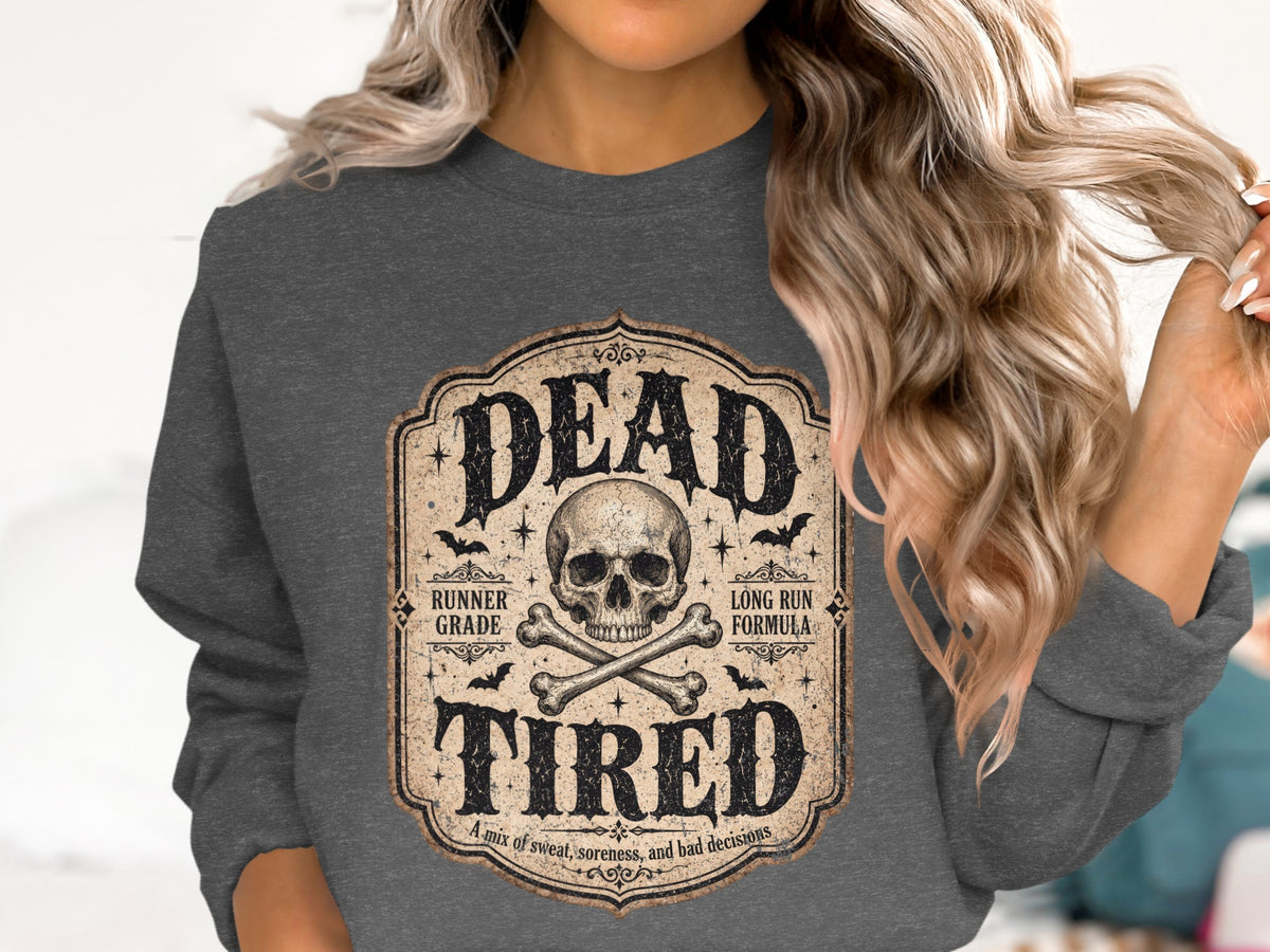 Dark gray sweatshirt with a vintage-style graphic of a skull and crossbones.