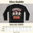 Long sleeve shirt with "Ghouls Just Wanna Run" graphic and size chart.