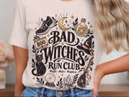 Bad Witches Run Club t-shirt with witchy graphics and text.