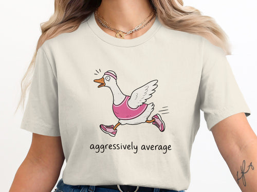Cartoon goose running in a pink sports bra and sneakers with text "aggressively average".