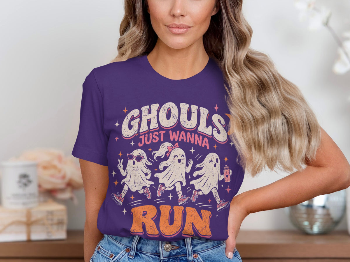 Purple t-shirt with "Ghouls Just Wanna Run" and three cartoon ghosts running.