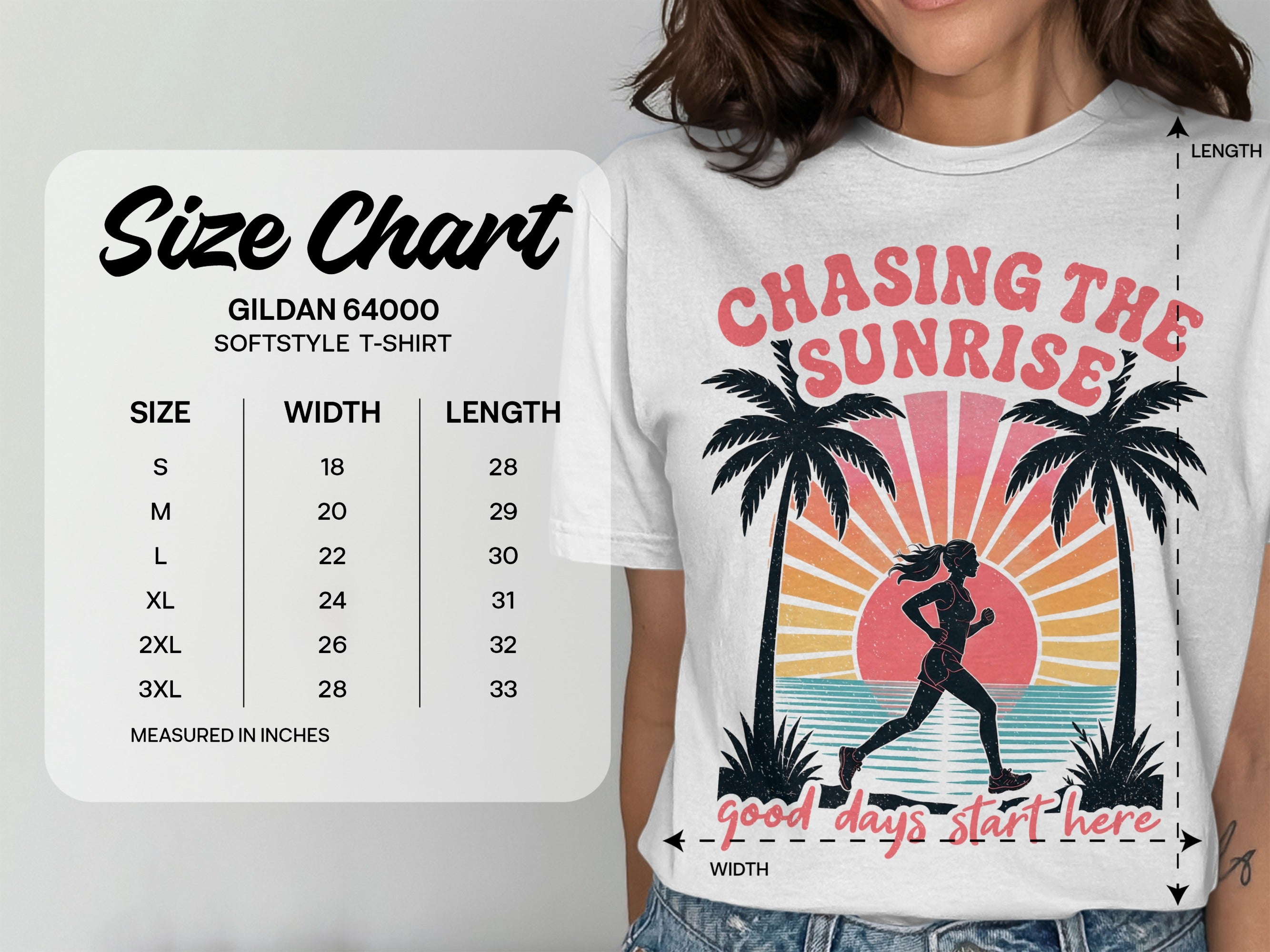 Size chart for Gildan 64000 Softstyle T-shirt with width and length measurements.