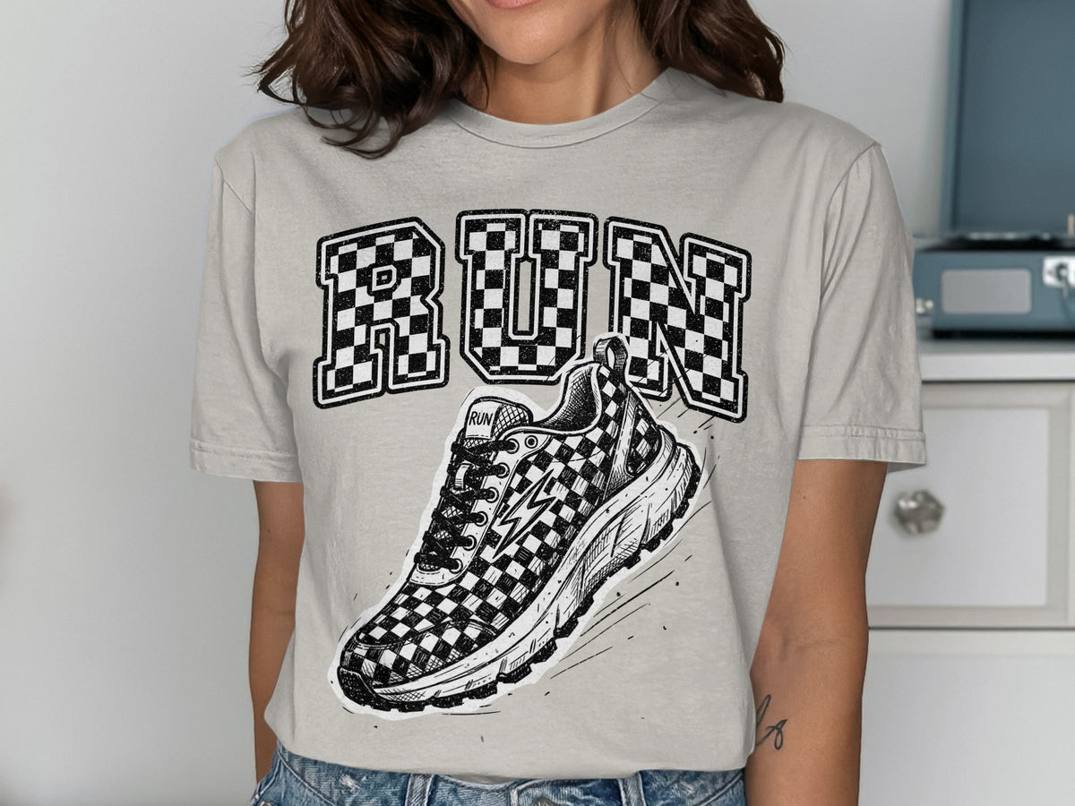 Light grey t-shirt with "RUN" in checkered lettering and a checkered athletic shoe graphic.