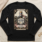 Black long sleeve shirt with "Delusion Elixir" tarot-style design and running motifs.