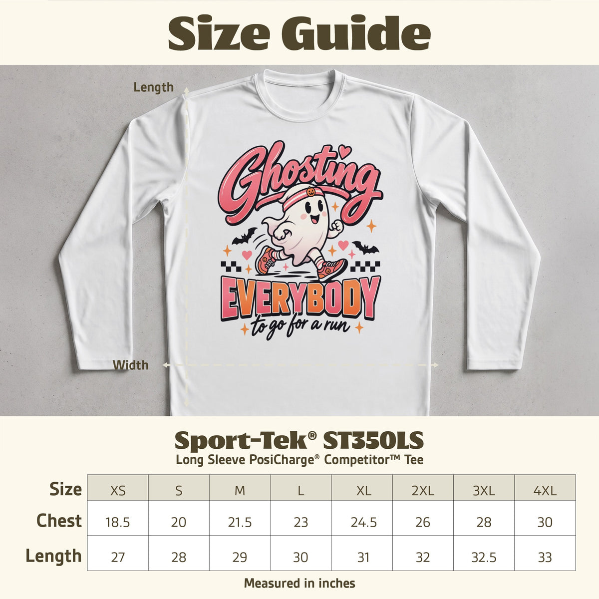Size guide for Sport-Tek ST350LS long sleeve tee with ghost graphic.