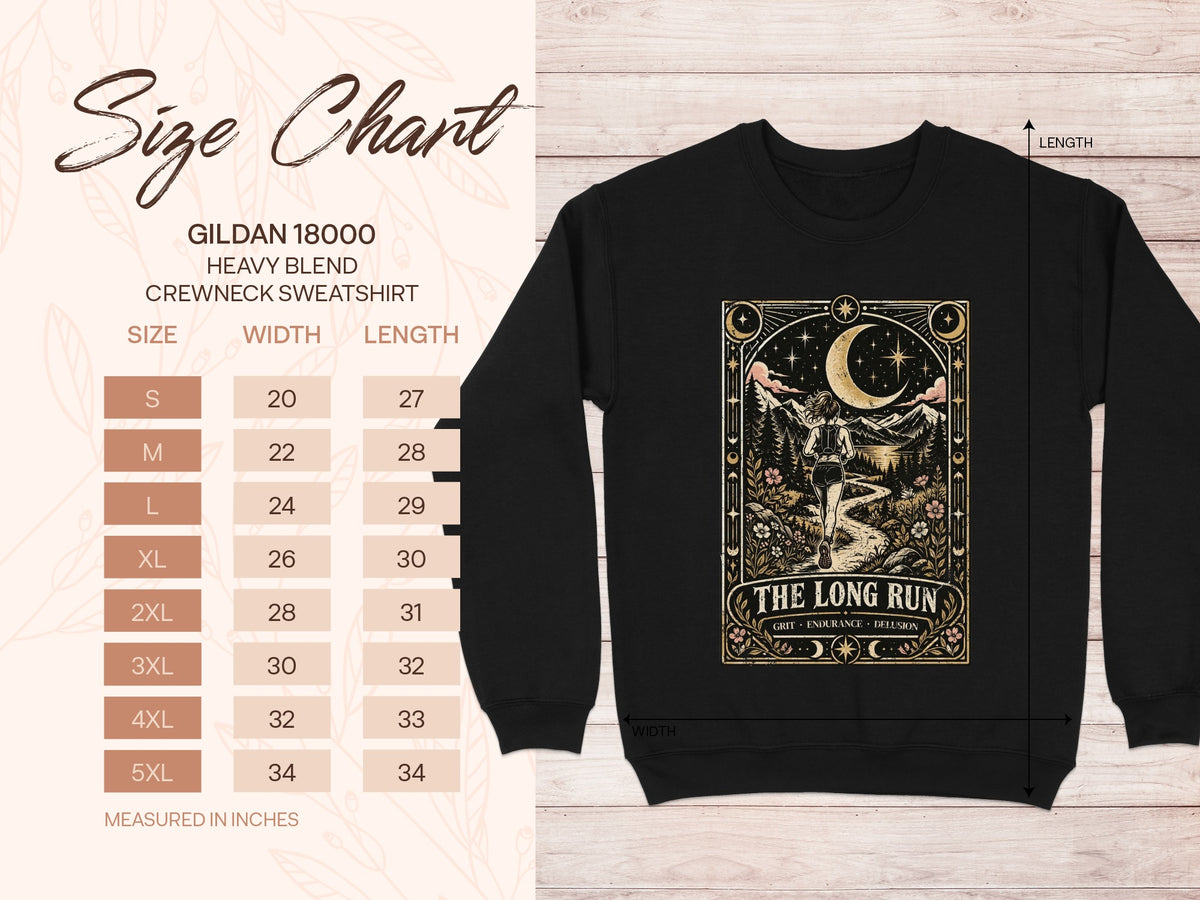 Gildan 18000 crewneck sweatshirt size chart with measurements for a graphic design.