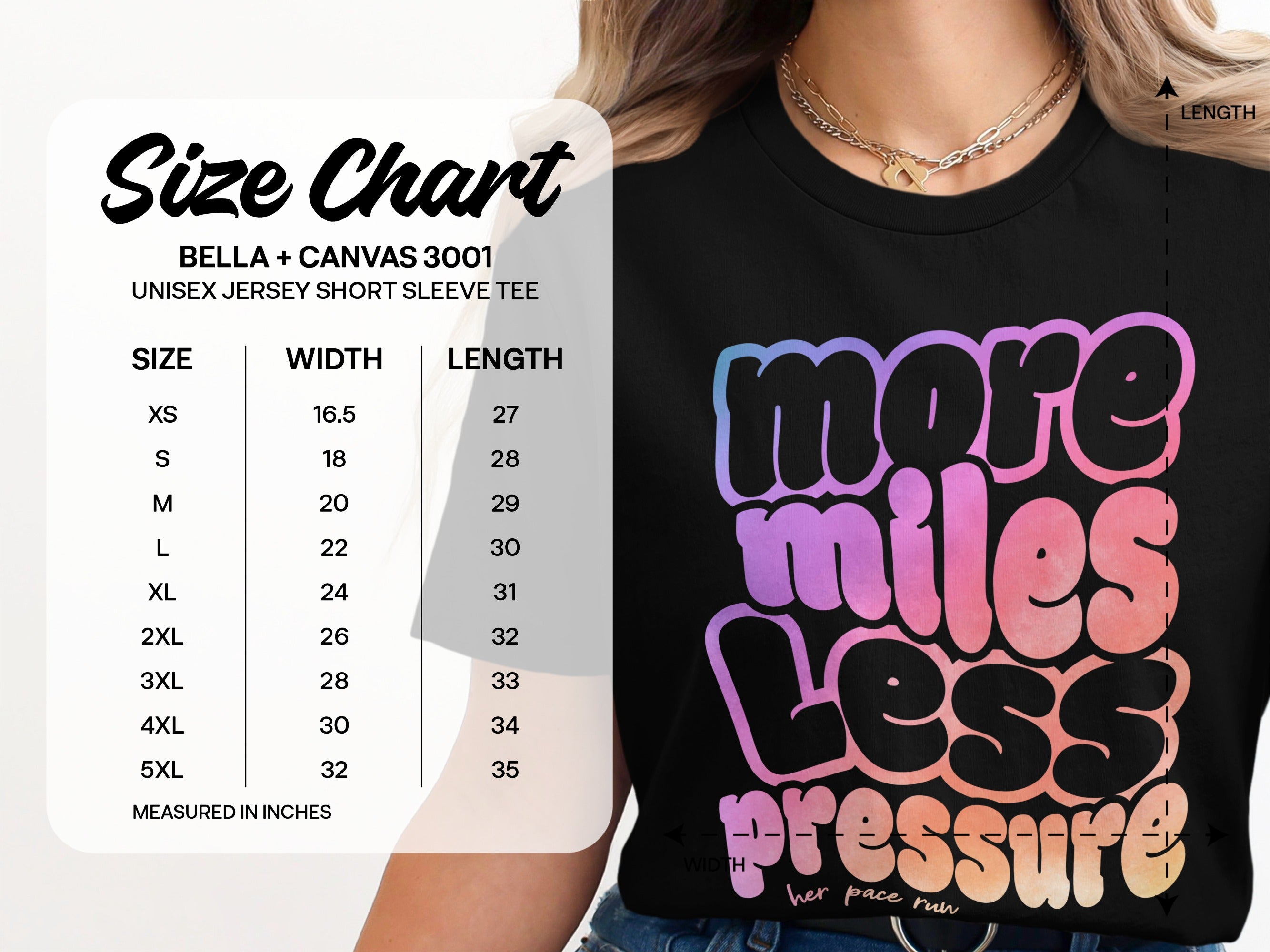 Size chart for Bella + Canvas 3001 Unisex Jersey Short Sleeve Tee.