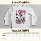 White long-sleeve shirt with running skeleton graphic and size chart.