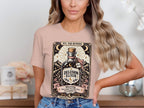 T-shirt graphic with "Delusion Elixir" bottle, "XVI. The Runner," and marathon warning.