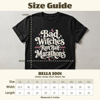 Black BELLA 3001 Unisex tee with "Bad Witches Run Half Marathons" graphic and size chart.