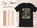 Black t-shirt with "No Guts All Glory" graphic and size chart.
