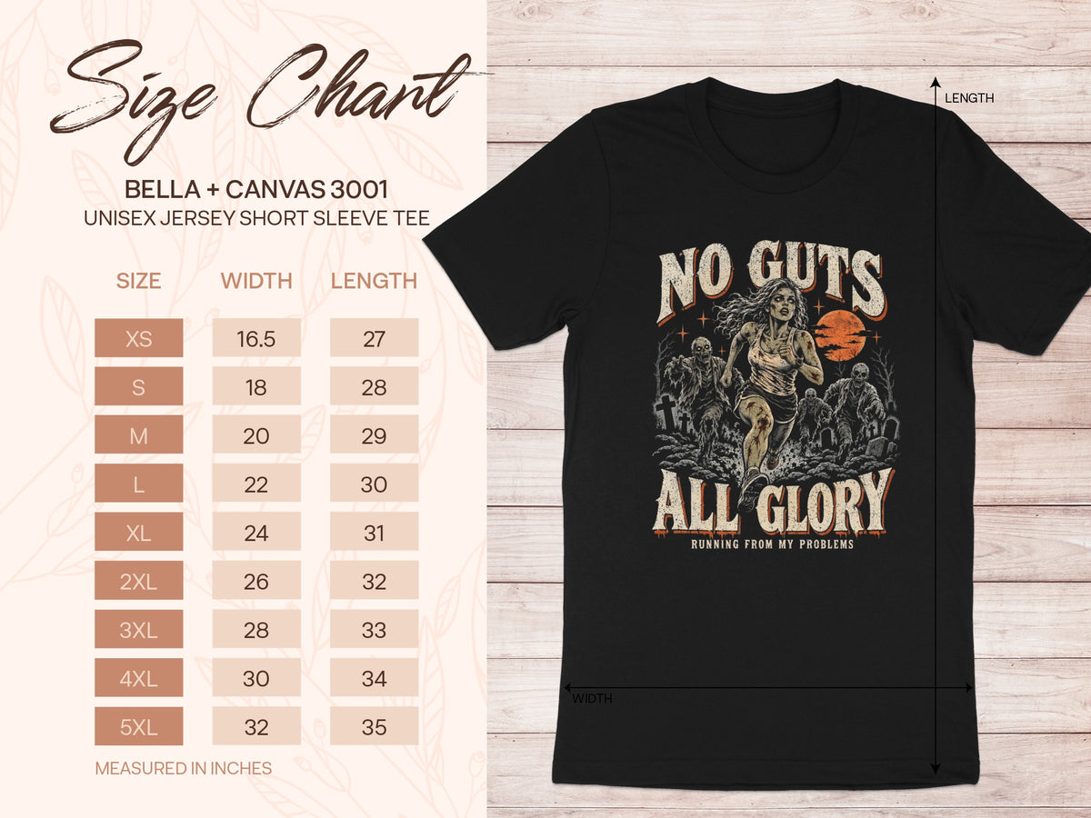 Black t-shirt with "No Guts All Glory" graphic and size chart.