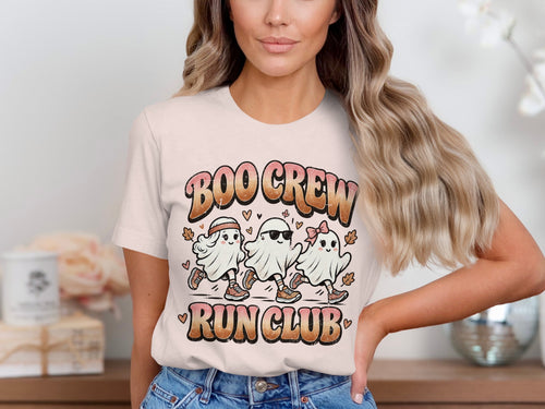 Three cartoon ghosts in athletic wear with the text "BOO CREW RUN CLUB".