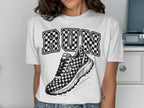 White t-shirt with black checkered "RUN" lettering and a checkered running shoe graphic.