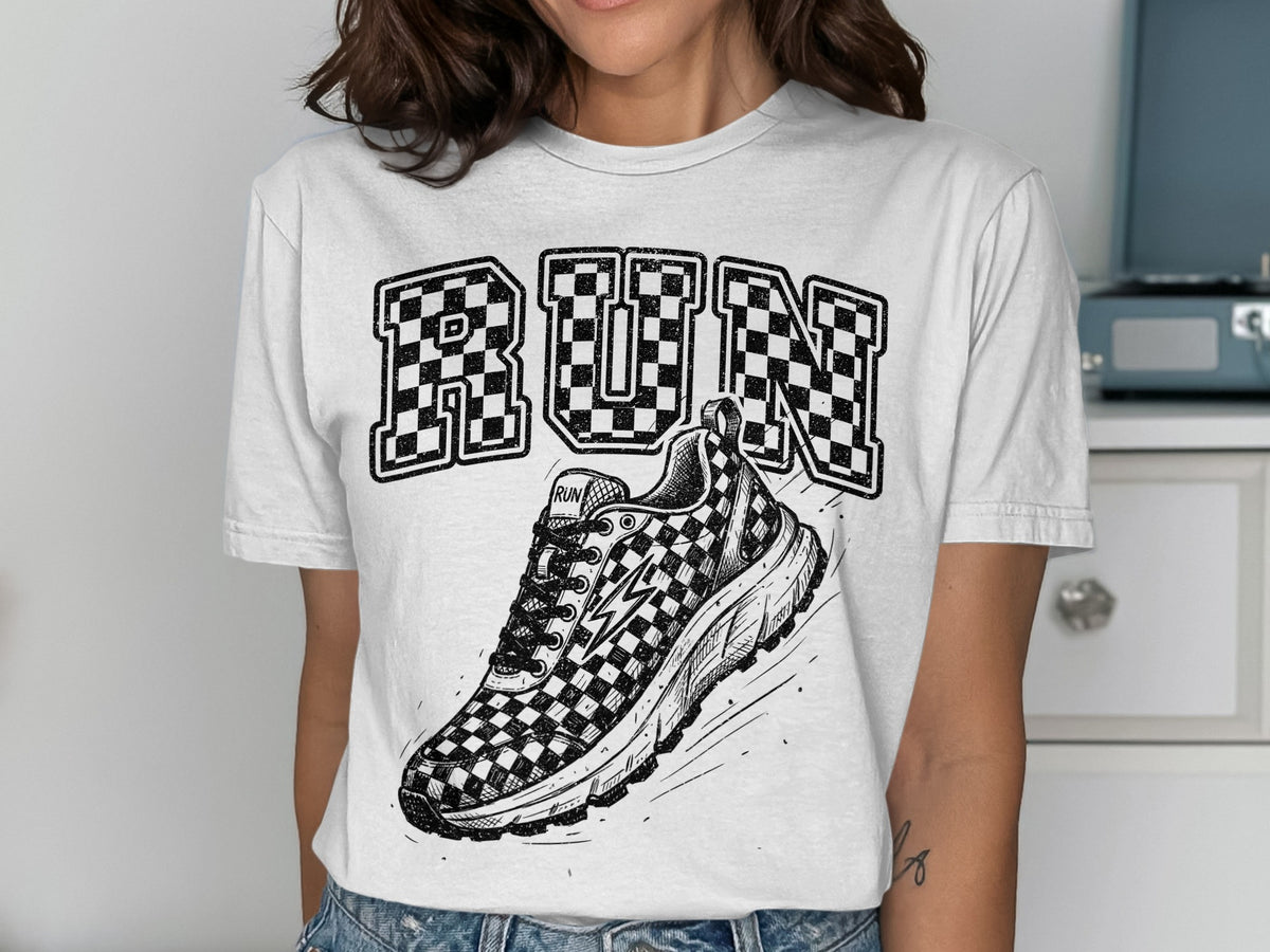 White t-shirt with black checkered "RUN" lettering and a checkered running shoe graphic.
