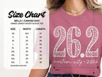 Size chart for Bella + Canvas 3001 unisex t-shirt with "26.2 custom city 2026" graphic.