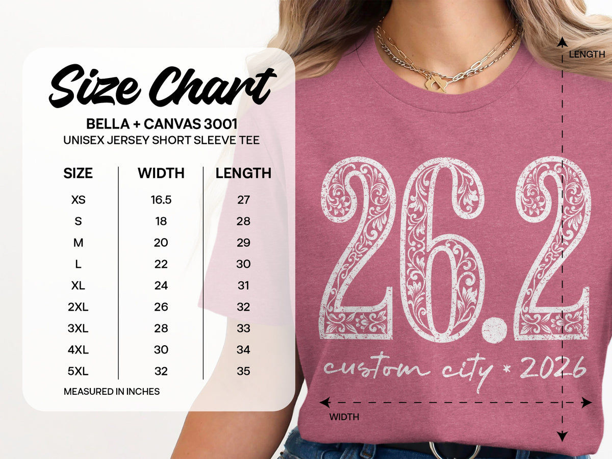 Size chart for Bella + Canvas 3001 unisex t-shirt with "26.2 custom city 2026" graphic.