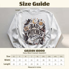 Gildan 18000 sweatshirt with "Bad Witches Run Club" graphic and size chart.