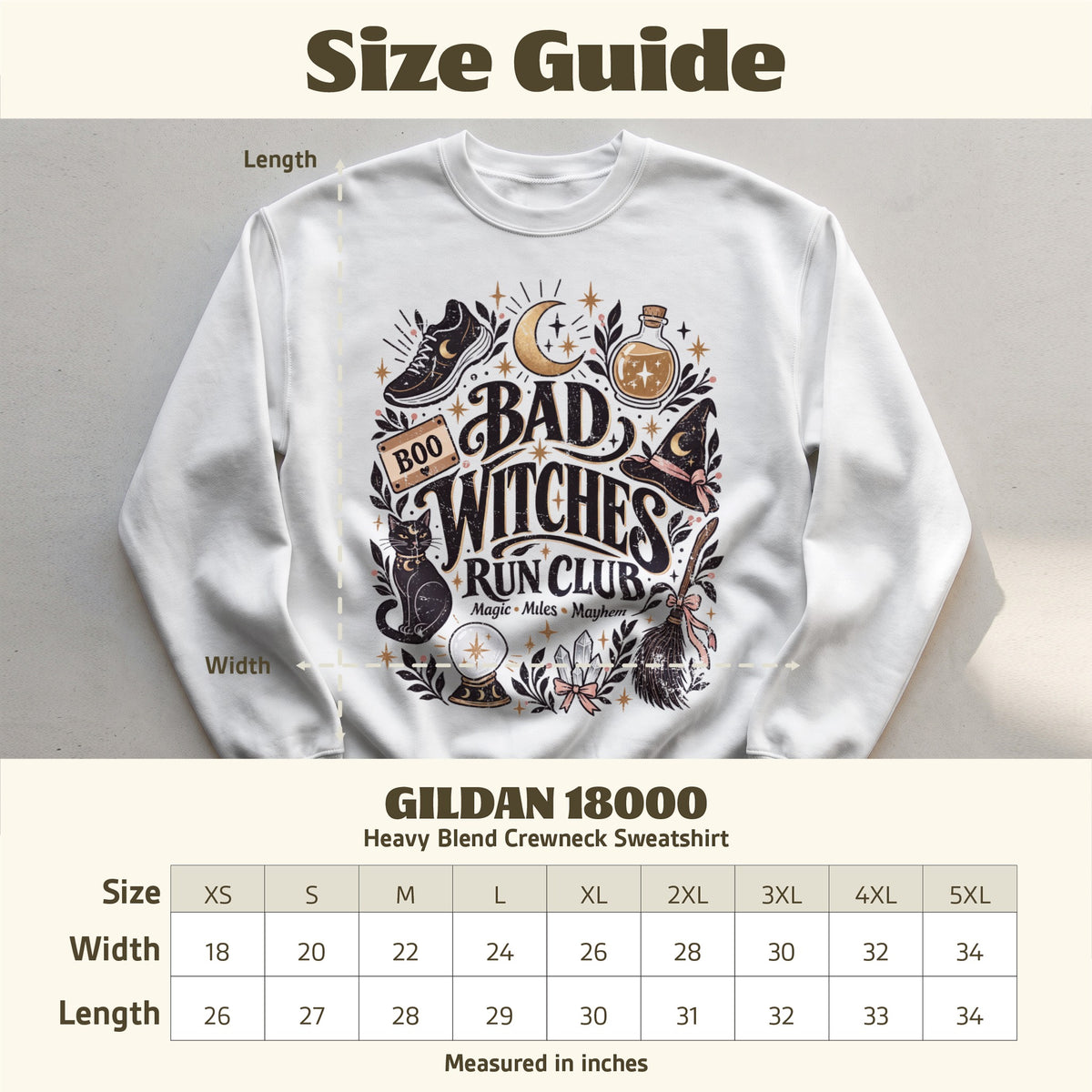 Gildan 18000 sweatshirt with "Bad Witches Run Club" graphic and size chart.