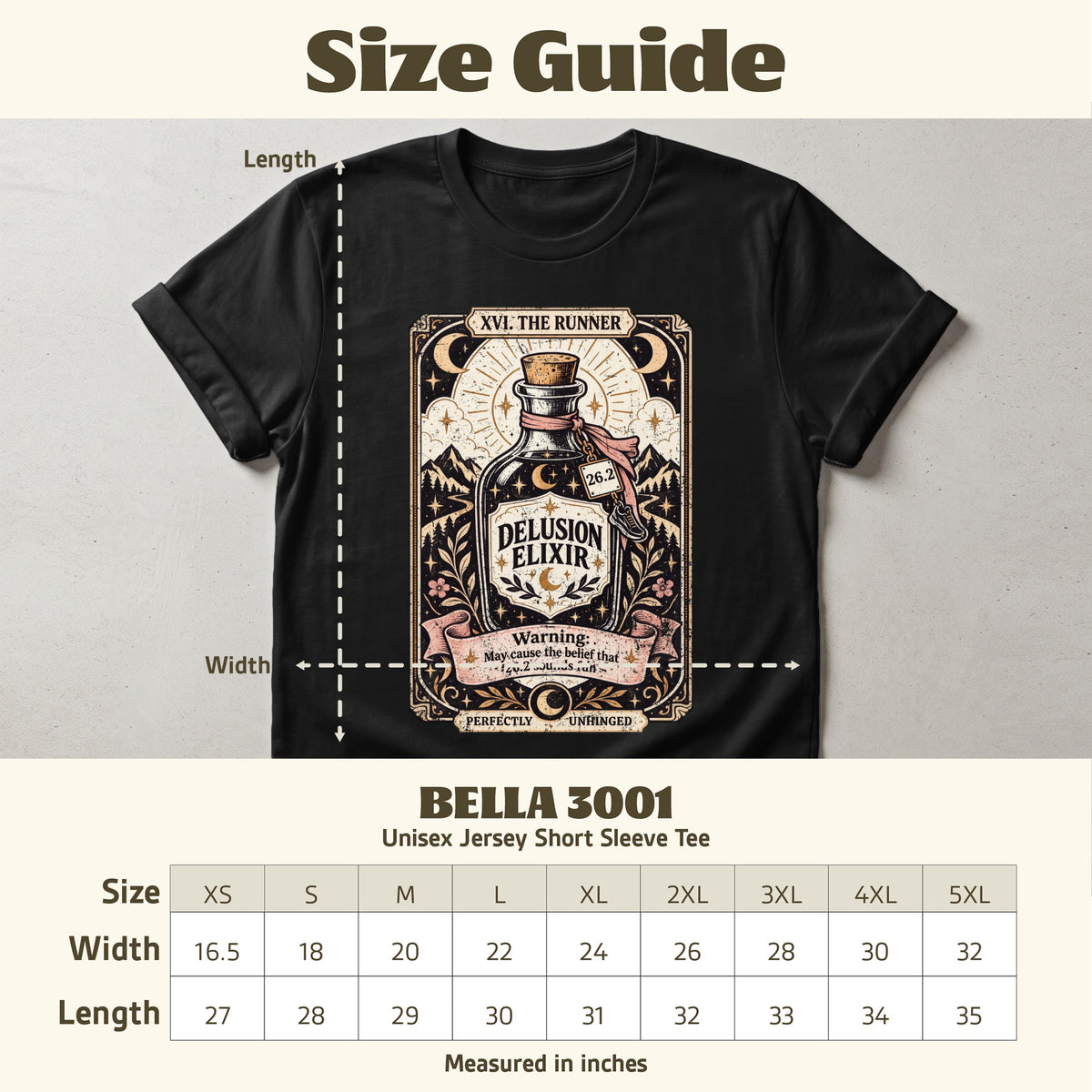 BELLA 3001 unisex tee size chart with width and length measurements in inches.